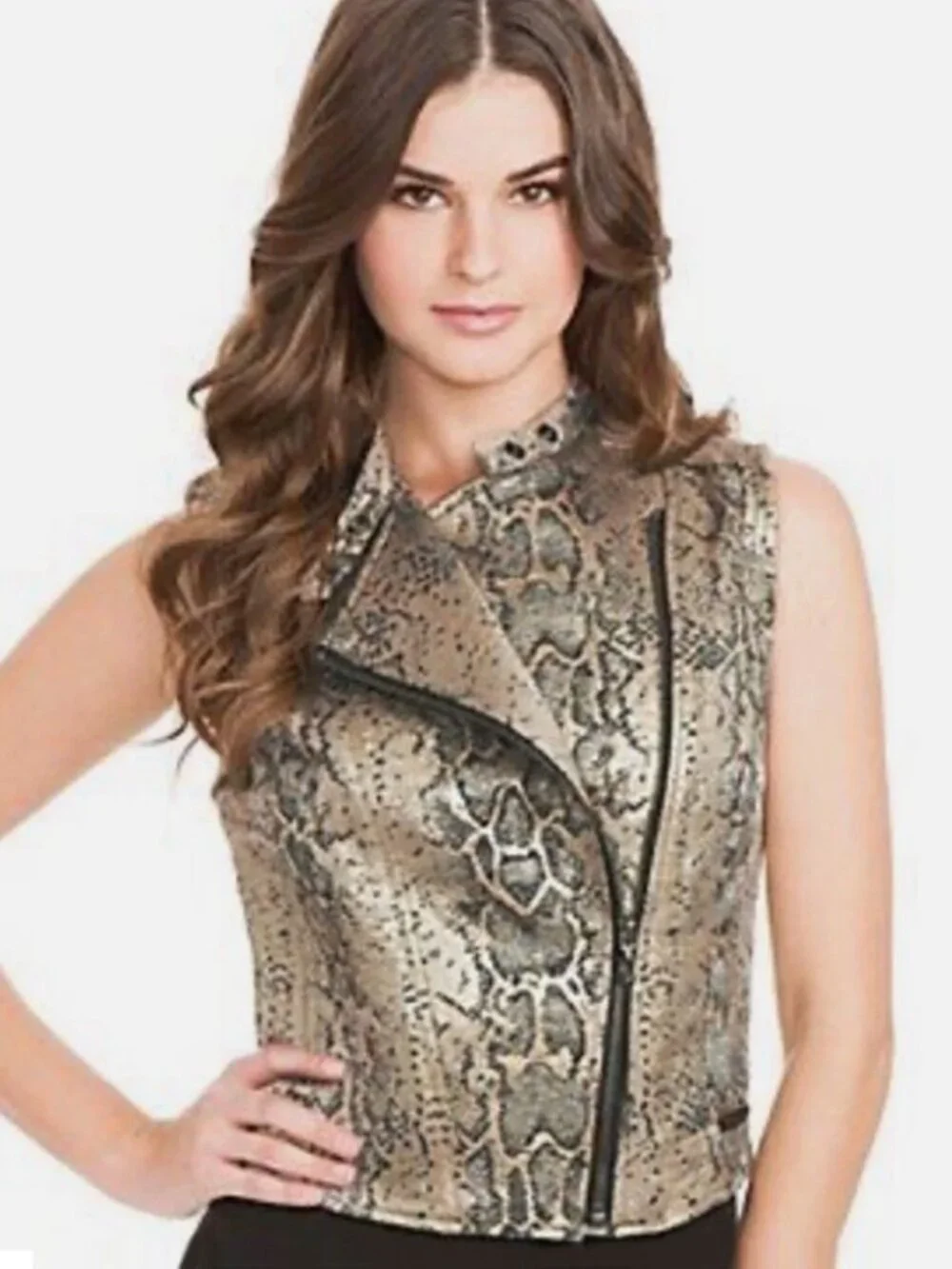 Guess Bernadette Snakeskin Print Metallic Gold Silver Black Moto Style M